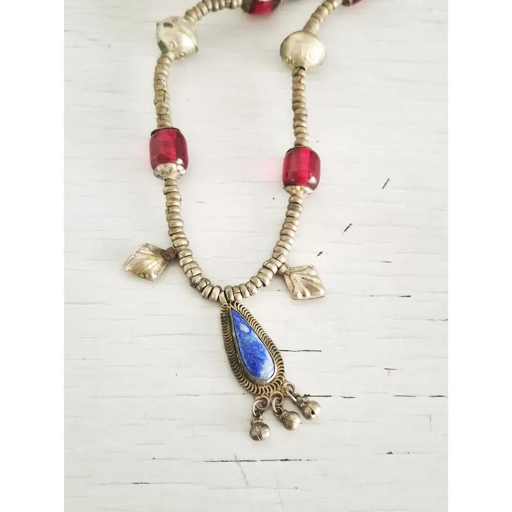 Vintage Turkoman Afghan Lapis Luzli Pendant and Cherry Amber Bead Necklace